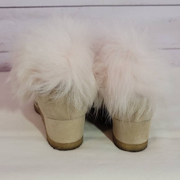 Rue Du Jour Ankle Boots Womens 38 Suede Leather Taupe Nude Fur Trim Wedge Heel - Picture 3 of 9